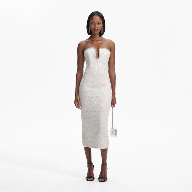 Cream Sequin Boucle Strapless Midi Dress Product Image