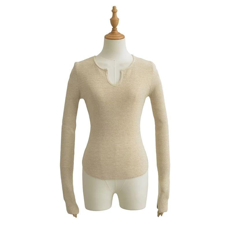 Long Sleeve Notch Neck Plain Knit Top Product Image