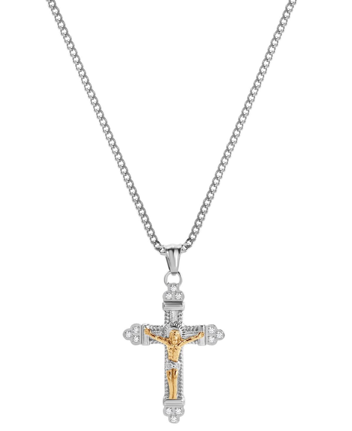 Blackjack Mens Cubic Zirconia Two-Tone Crucifix Cross 24 Pendant Necklace in Stainless Steel & Gold-Tone Ion-Plate Product Image