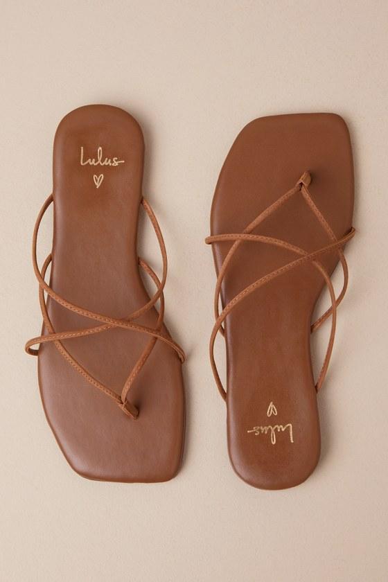 Gillie Chestnut Leather Strappy Flat Thong Sandals Product Image