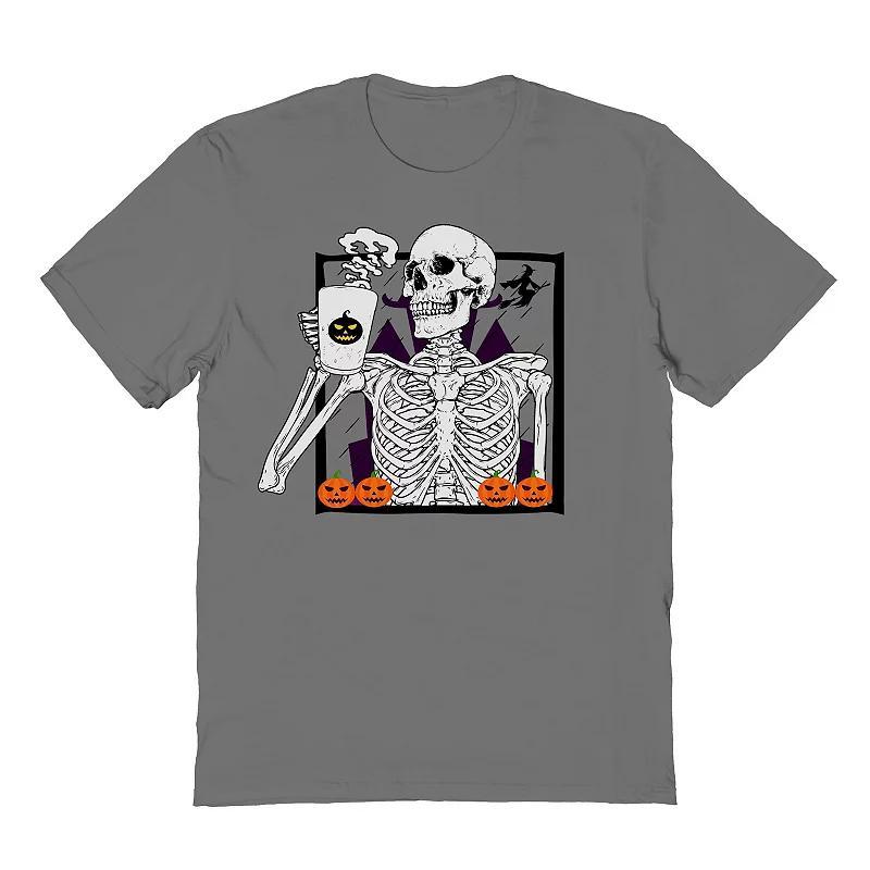 Mens Skeleton Drinking Coffee Halloween Graphic Tee Grey Product Image