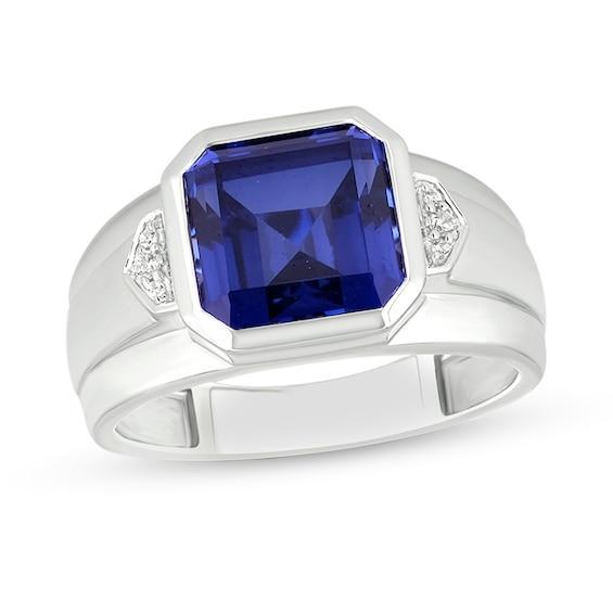 Men's 10.0mm Cushion-Cut Blue Lab-Created Sapphire and Diamond Accent Raised Collar Ring in Sterling Silver Product Image