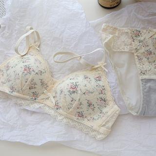 Floral Print Bow Lace Wireless Bra / Panty / Set Product Image