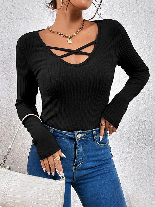 Long Sleeves Skinny Solid Color Split-Joint V-Neck T-Shirts Tops product image