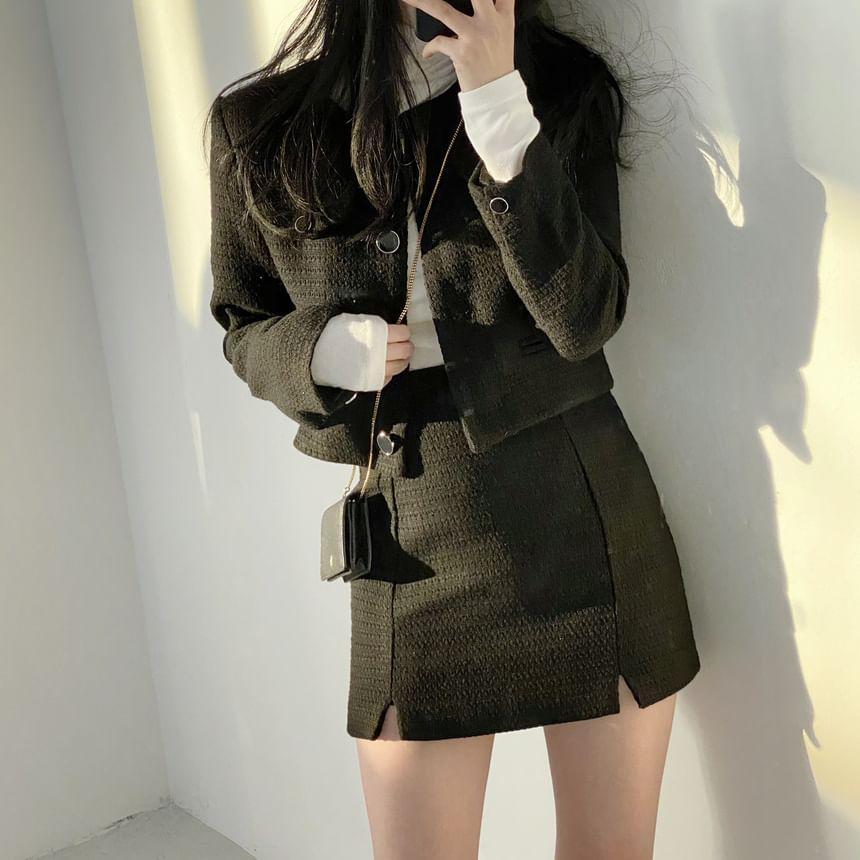 Crew Neck Plain Button-Up Tweed Crop Jacket / High Waist Slit Mini Pencil Skirt Product Image