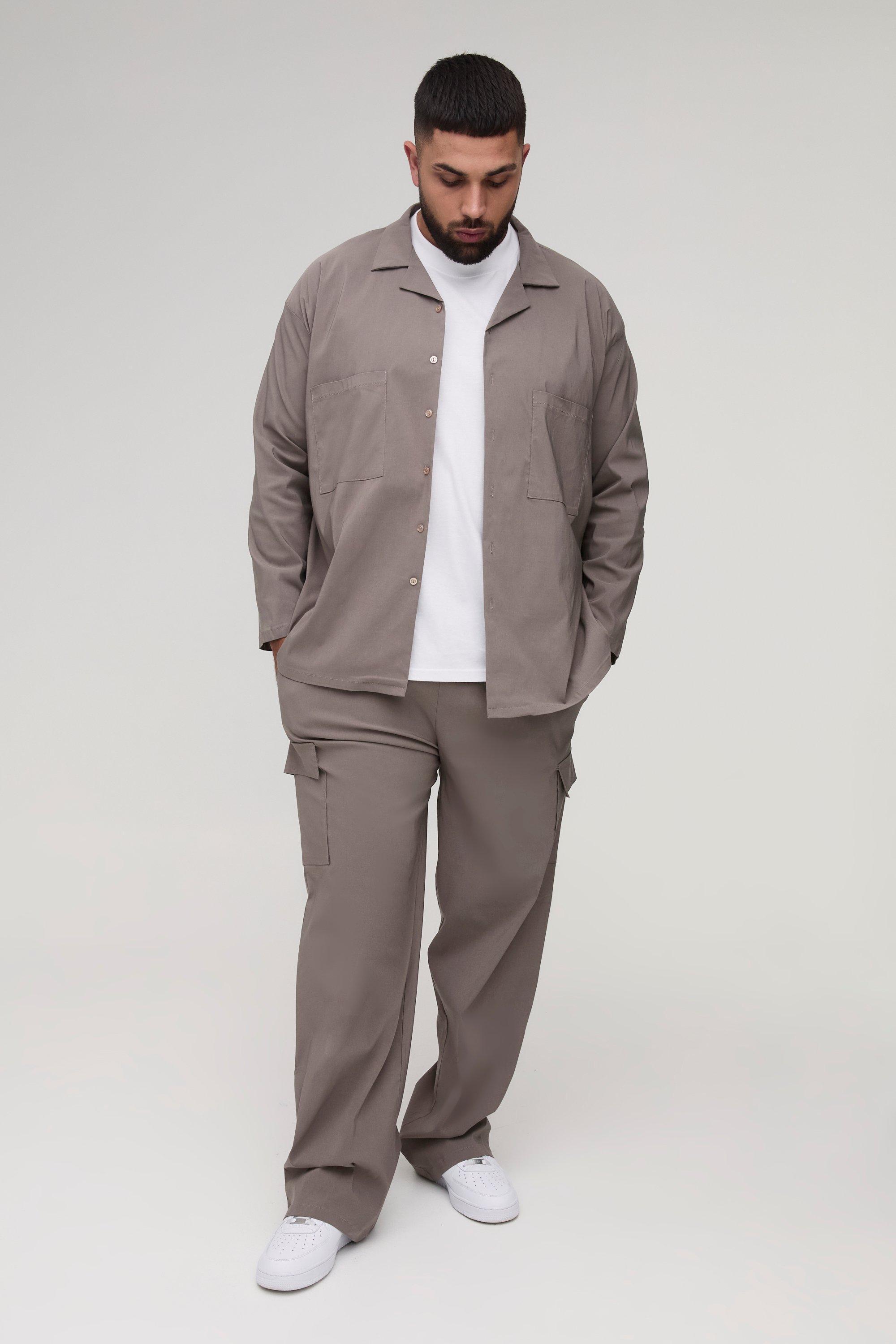 Plus Stretch Utility Pocket Shirt and Cargo Pants Set in Taupe | boohooMAN USA product image