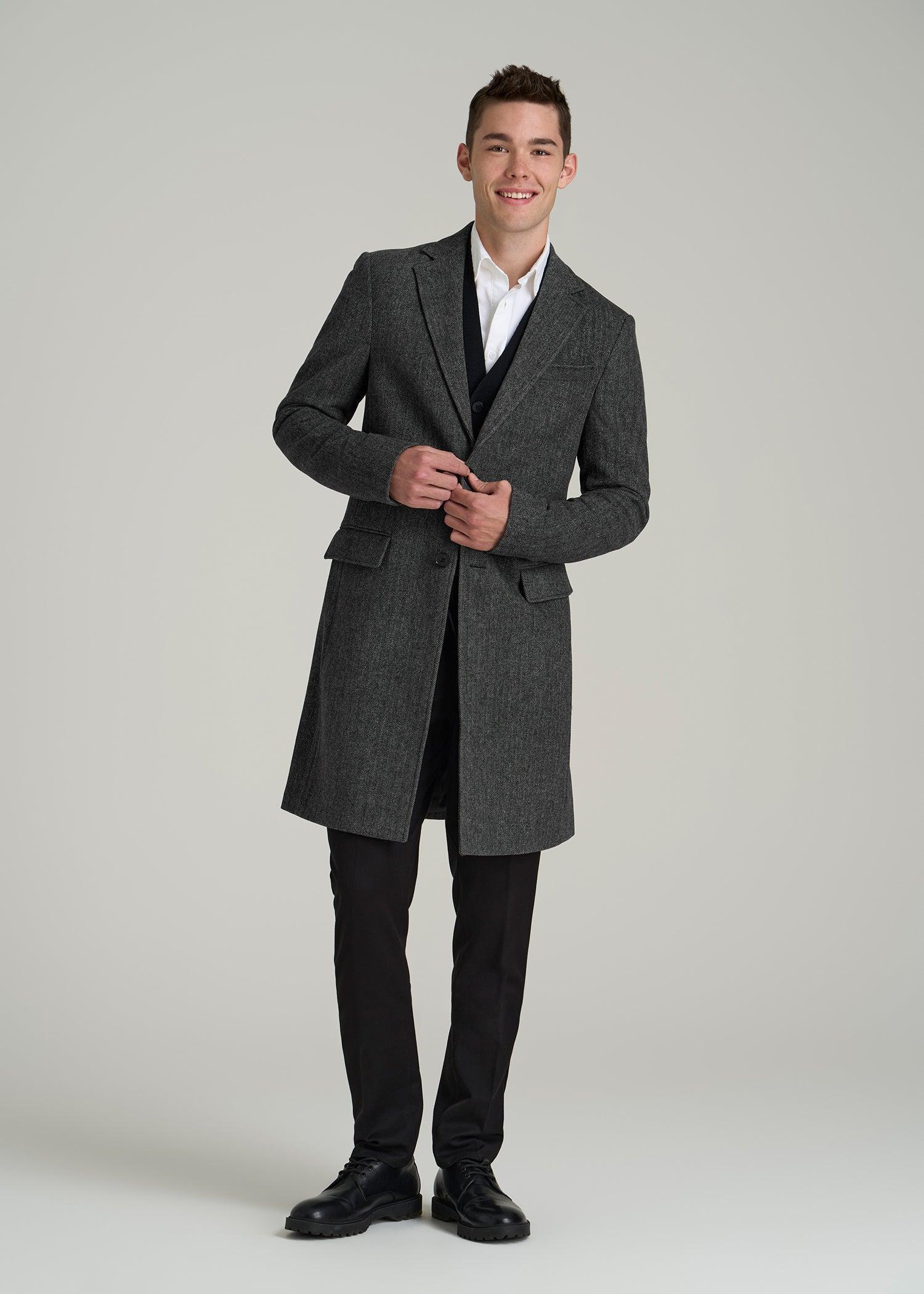 Wool Coat for Tall Men in Grey and Black Herringbone Product Image