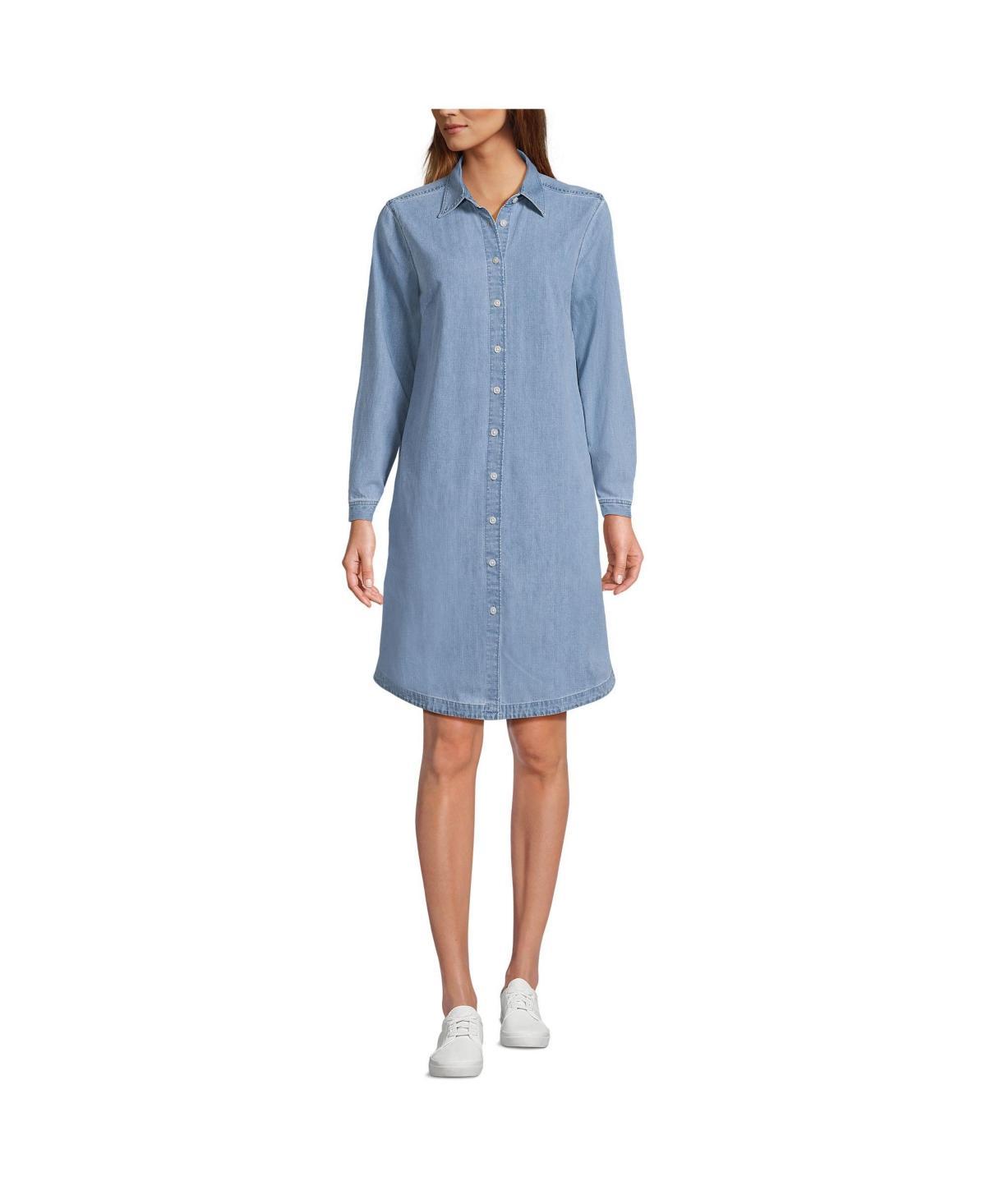 Womens Lands End Womens Chambray Button Front Knee Length Dress Light Wash Blue Product Image