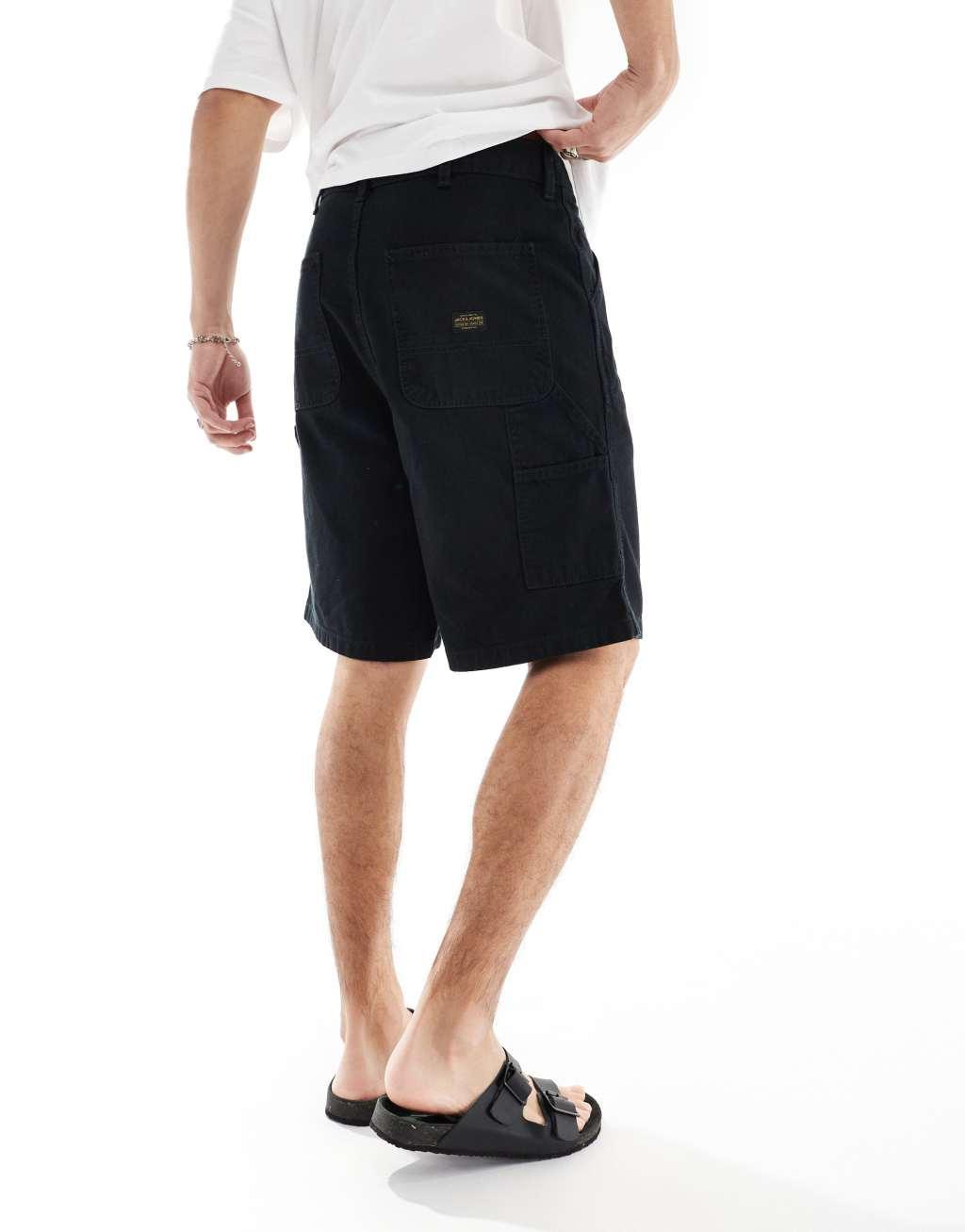 Jack & Jones baggy fit carpenter shorts in black  Product Image