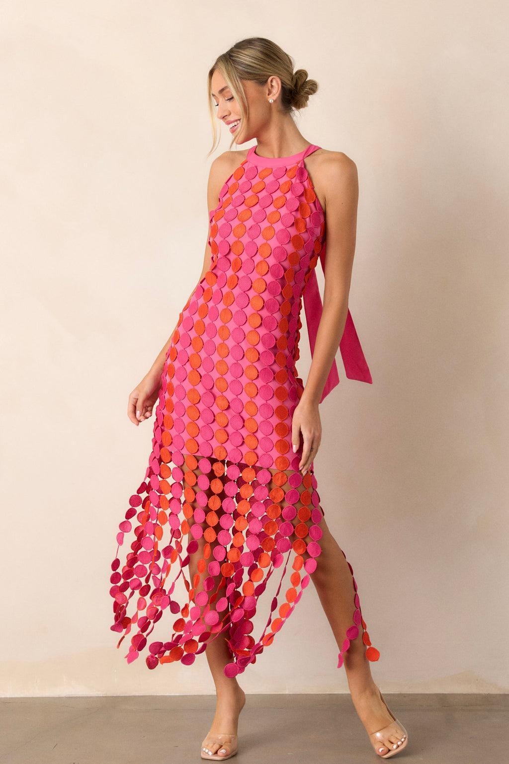 Dream Avenue Hot Pink Fringe Halter Top Midi Dress Product Image