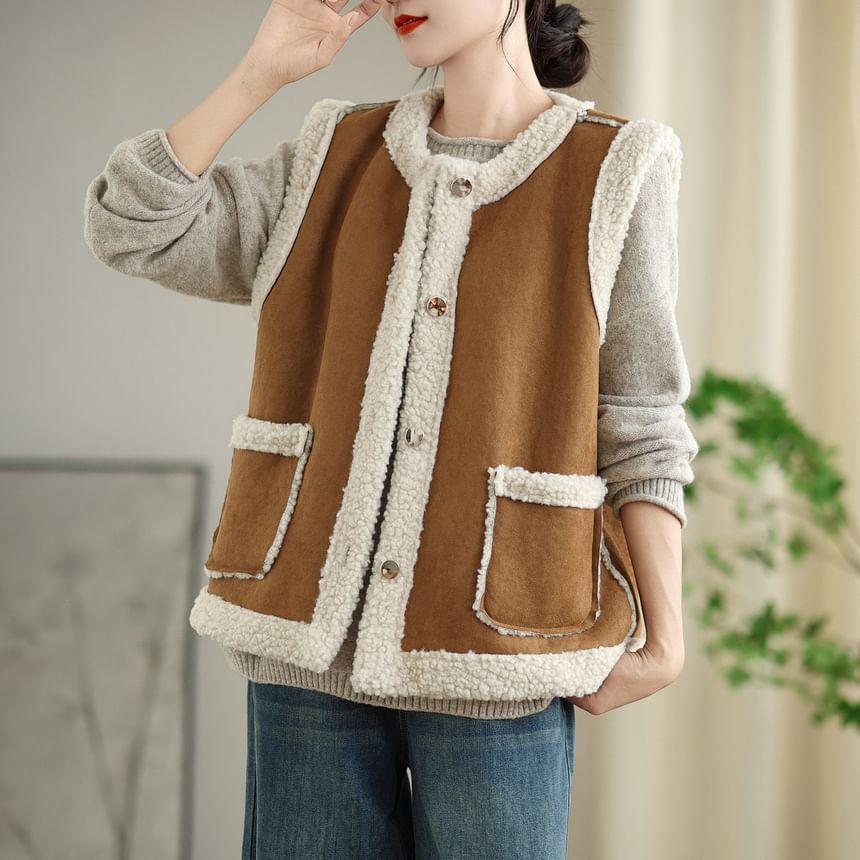 Sleeveless Round Neck Fleece Trim Button Down Vest Product Image