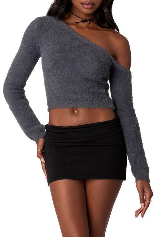 EDIKTED Frannie One-Shoulder Fuzzy Crop Top Product Image