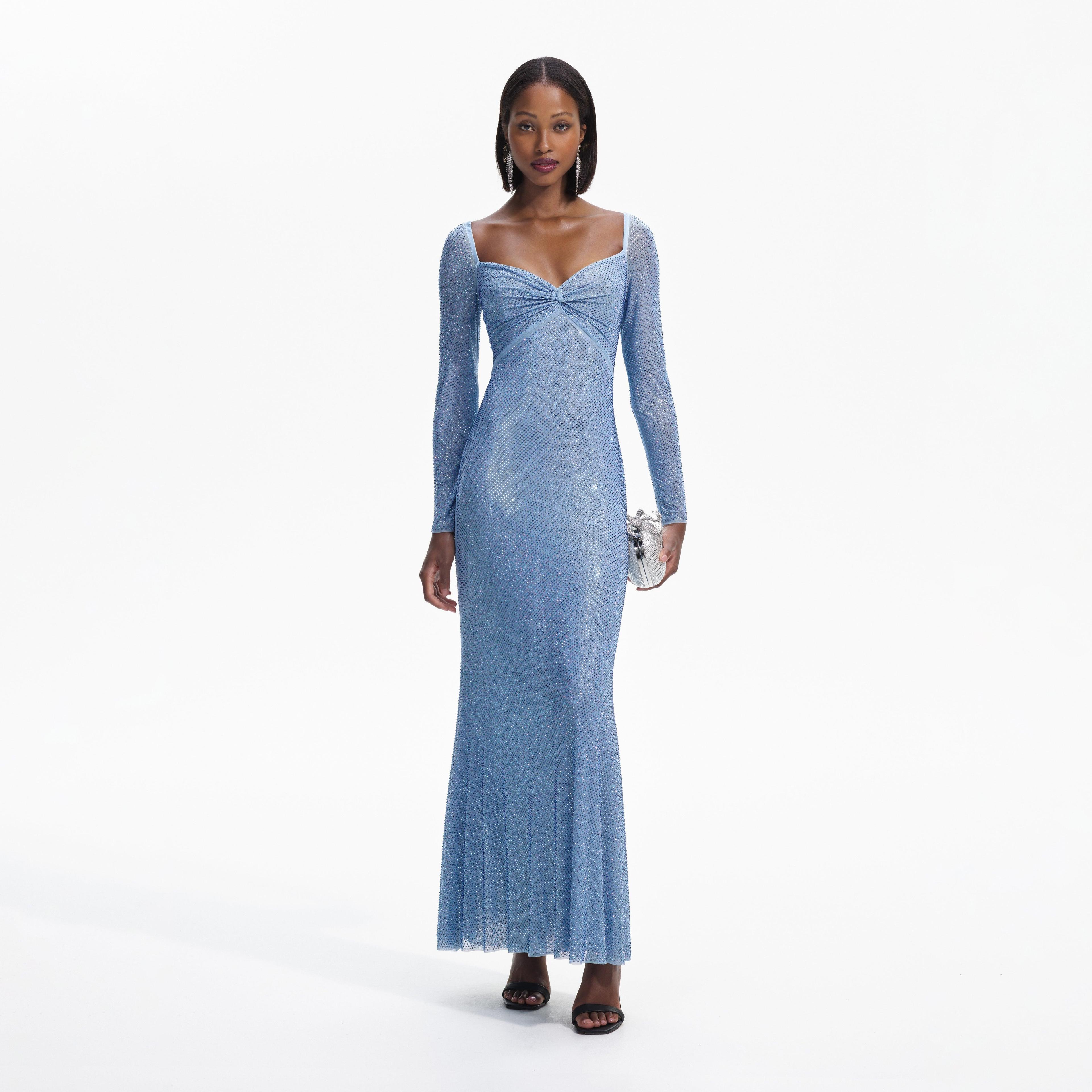 Blue Iridescent Rhinestone Maxi Dress Product Image