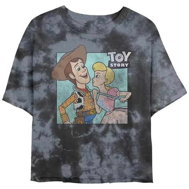 Disney / Pixars Toy Story Woody And Bo Peep About To Kiss Juniors Cropped Graphic Tee Top Bombard Wash Juniors Graphic Tee, Womens Black Grey Product Image