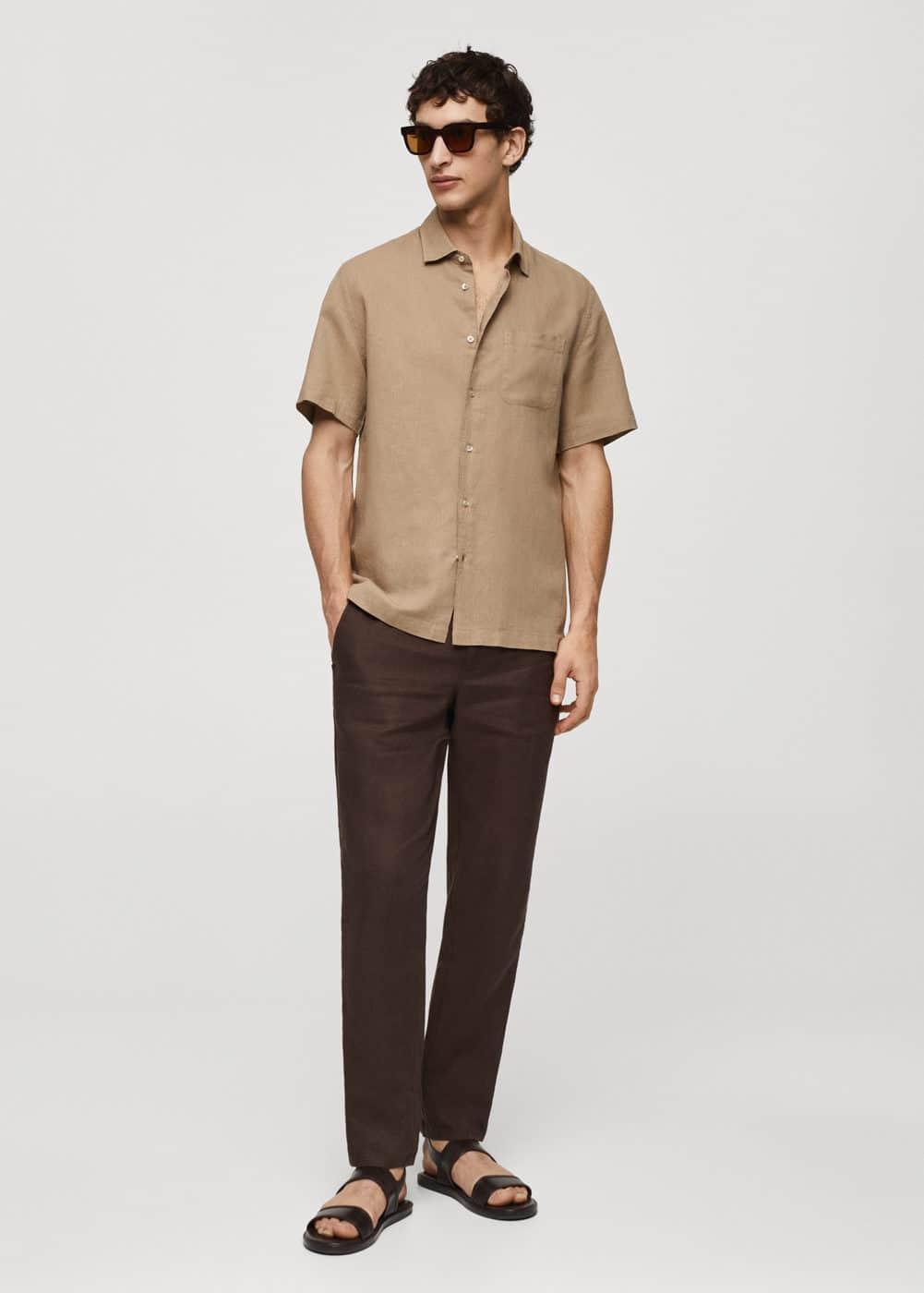 MANGO MAN - Regular-fit linen short-sleeved shirt sandMen Product Image