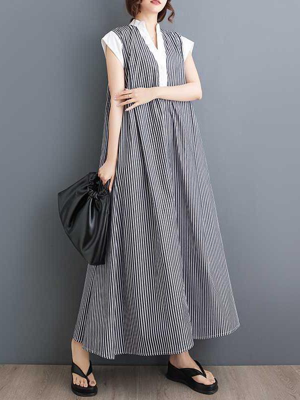 Cap Sleeve Loose Buttoned Striped Lapel Maxi Dresses Shirt Dress Product Image