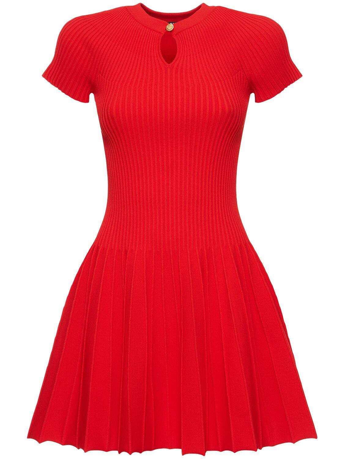 Cap-sleeve Pleated Knit Fit-&-flare Mini Dress In Red Product Image