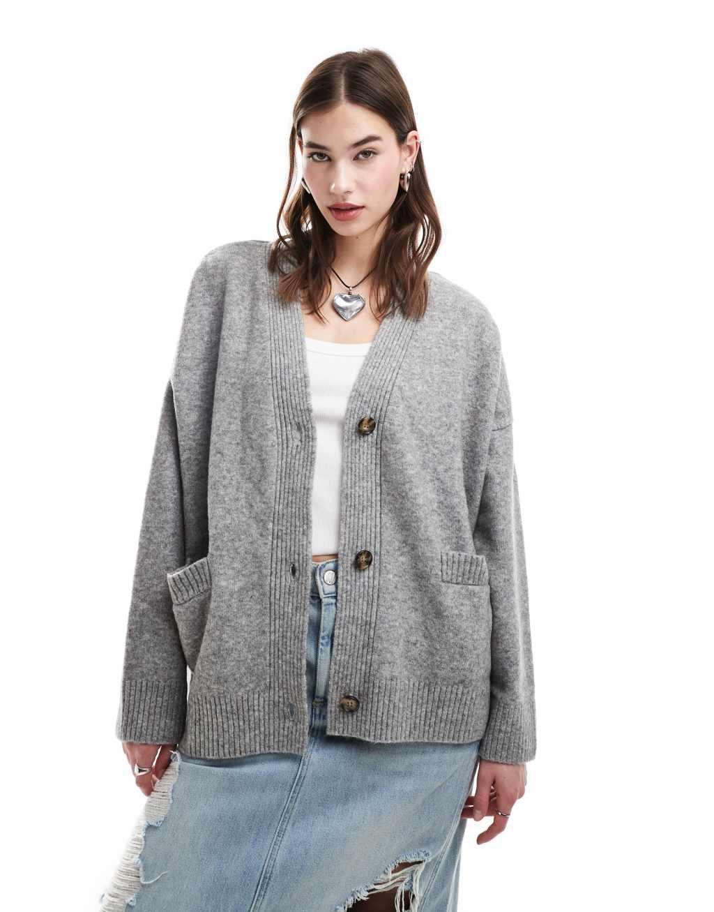 Monki knit button front cardigan in gray Product Image