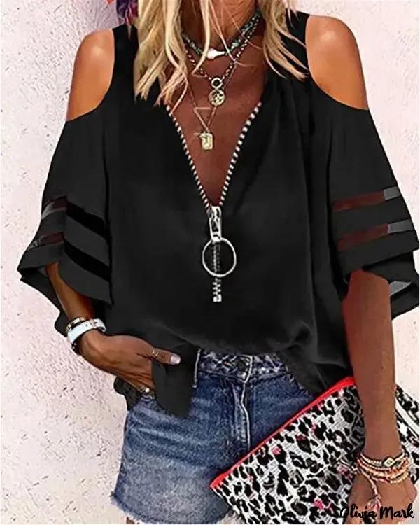 Olivia Mark – Contrast Chiffon Off-the-Shoulder Zip-Front Top Product Image