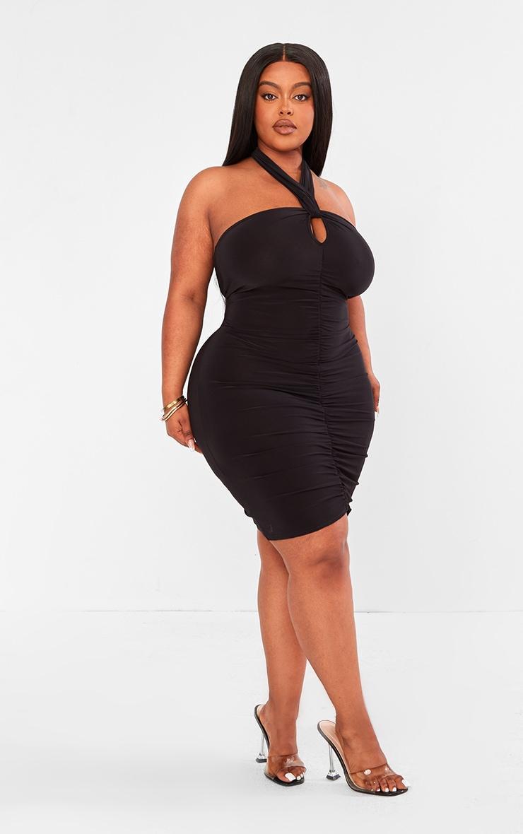 Plus Black Key Hole Halterneck Detail Ruched Bodycon Dress Product Image