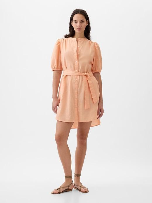 Linen-Cotton Puff-Sleeve Mini Shirtdress Product Image