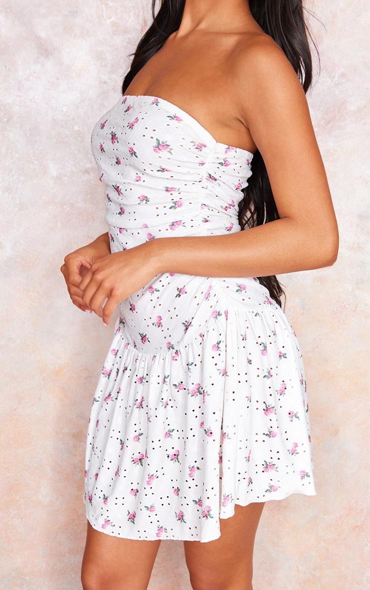 Cream Floral Printed Broderie Frill Bandeau Bodycon Dress Product Image