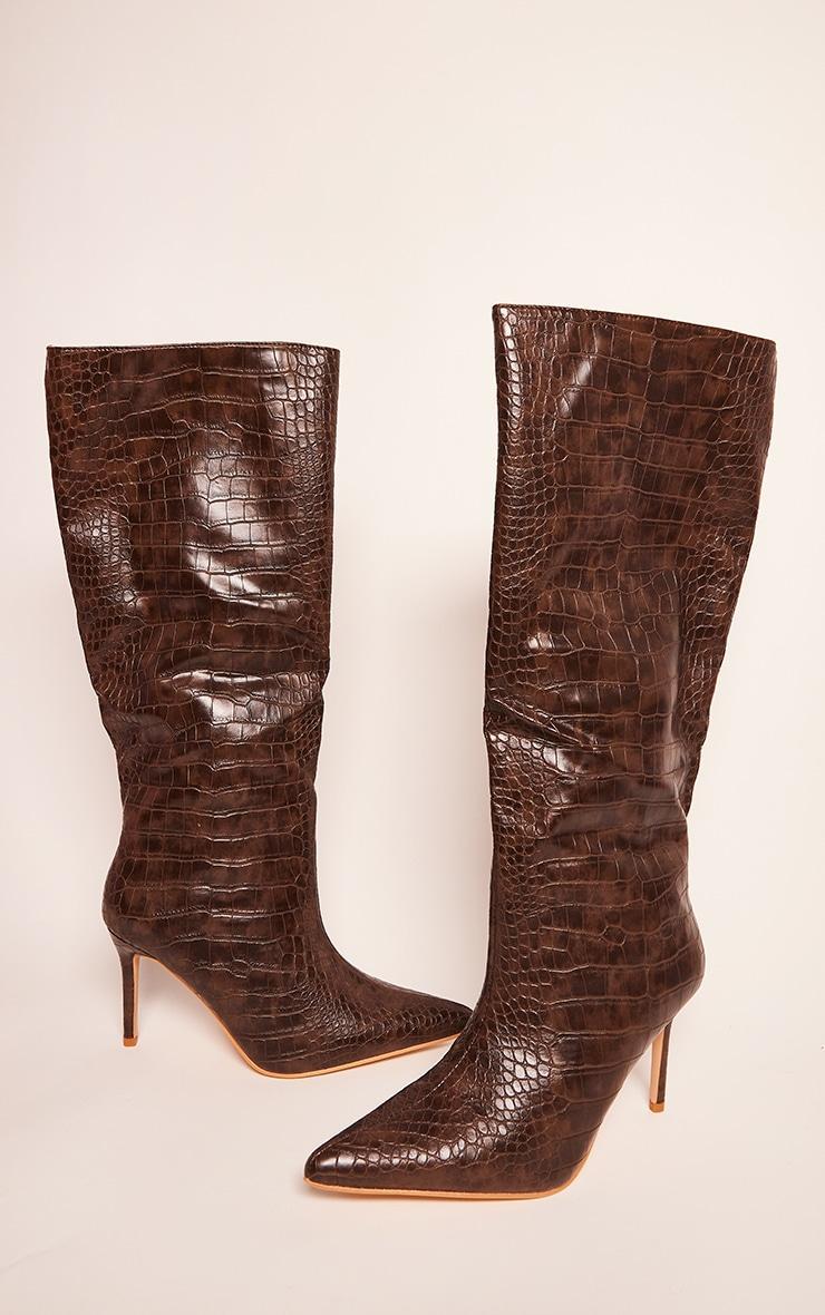 Chocolate PU Croc Detail Point Toe Stiletto Heeled Knee Boots Product Image