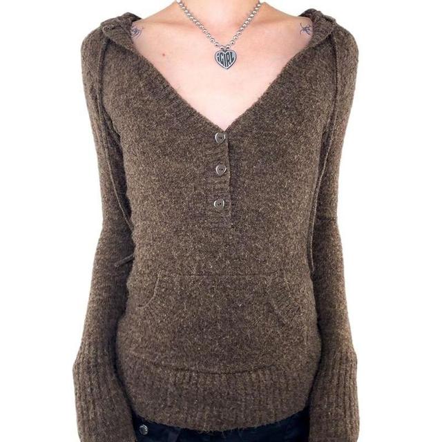 Long Sleeve V-Neck Plain Hood Button Knit Top Product Image