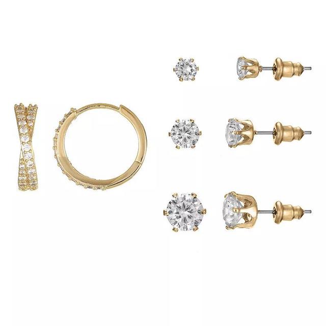 Gold Tone Cubic Zirconia Hoop & Stud Earrings Quartet, Womens, Gold Tone Clear Product Image