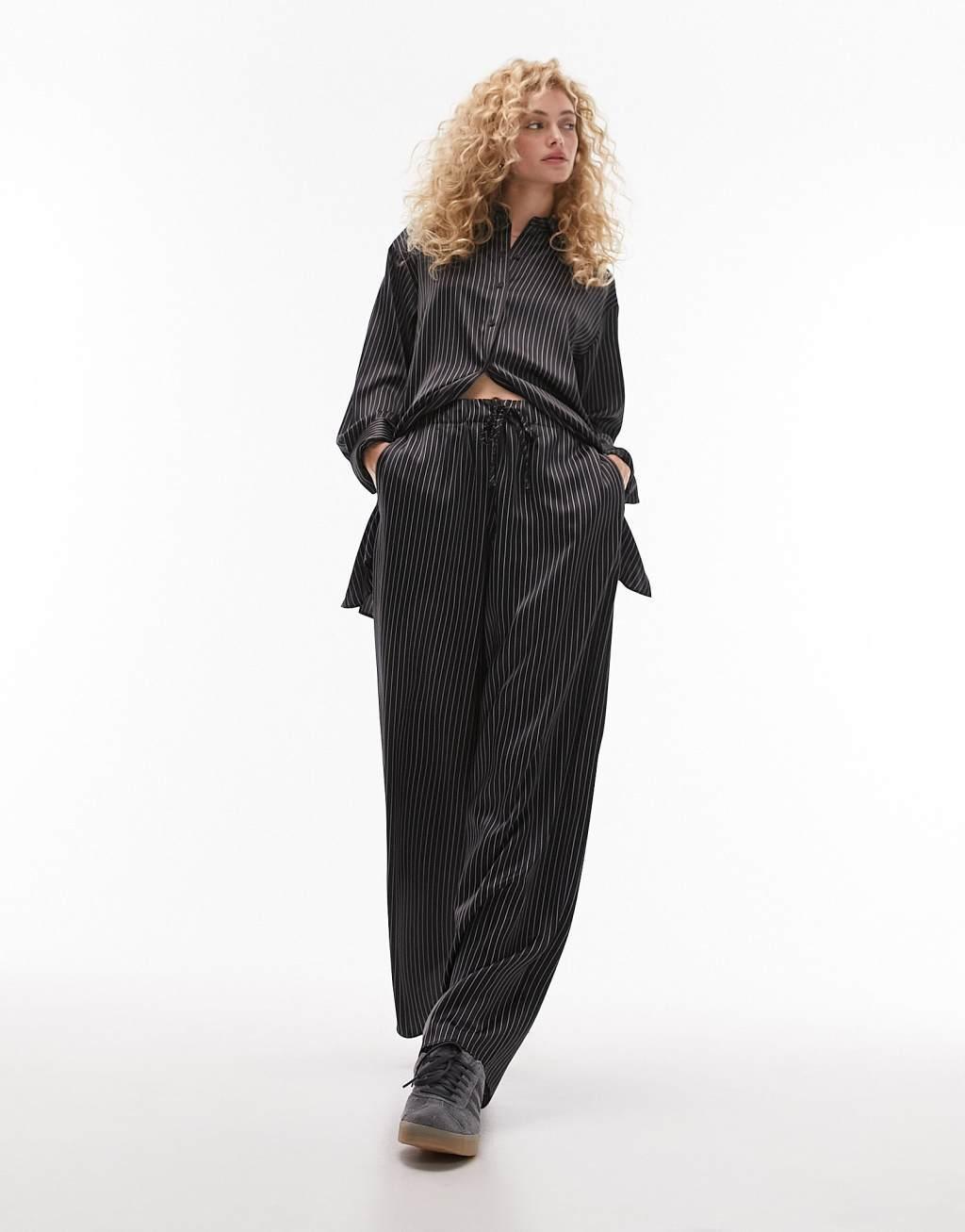 Topshop pin stripe printed satin wide leg pants in black - part of a set Product Image