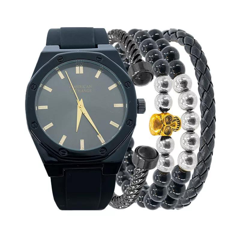 Mens Analog Watch & Stackable Bracelet Set Black Product Image