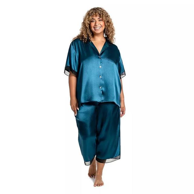 Plus Size Lilac+London Satin Short Sleeve Notchneck Pajama Top & Cropped Pajama Pants, Womens Product Image