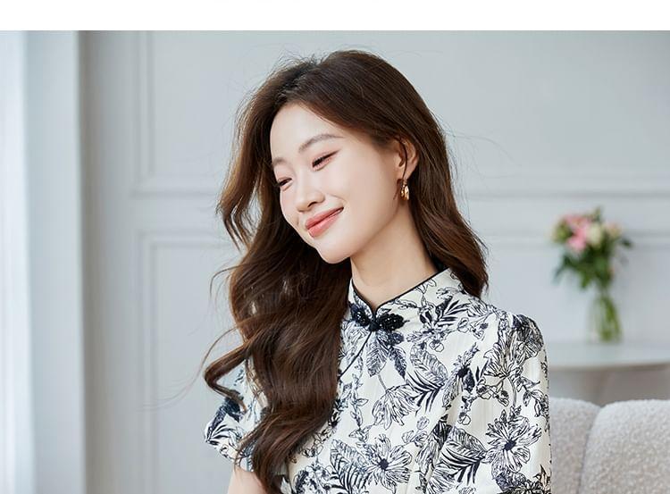 Puff-Sleeve Mock Neck Floral Mini A-Line Dress Product Image