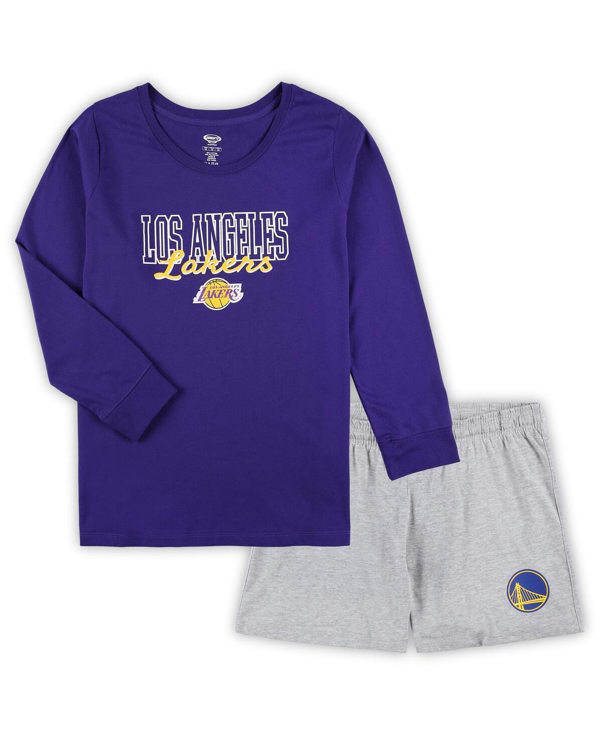 Womens Concepts Sport /Heather Gray Los Angeles Lakers Plus Size Long Sleeve T-Shirt and Shorts Sleep Set Product Image