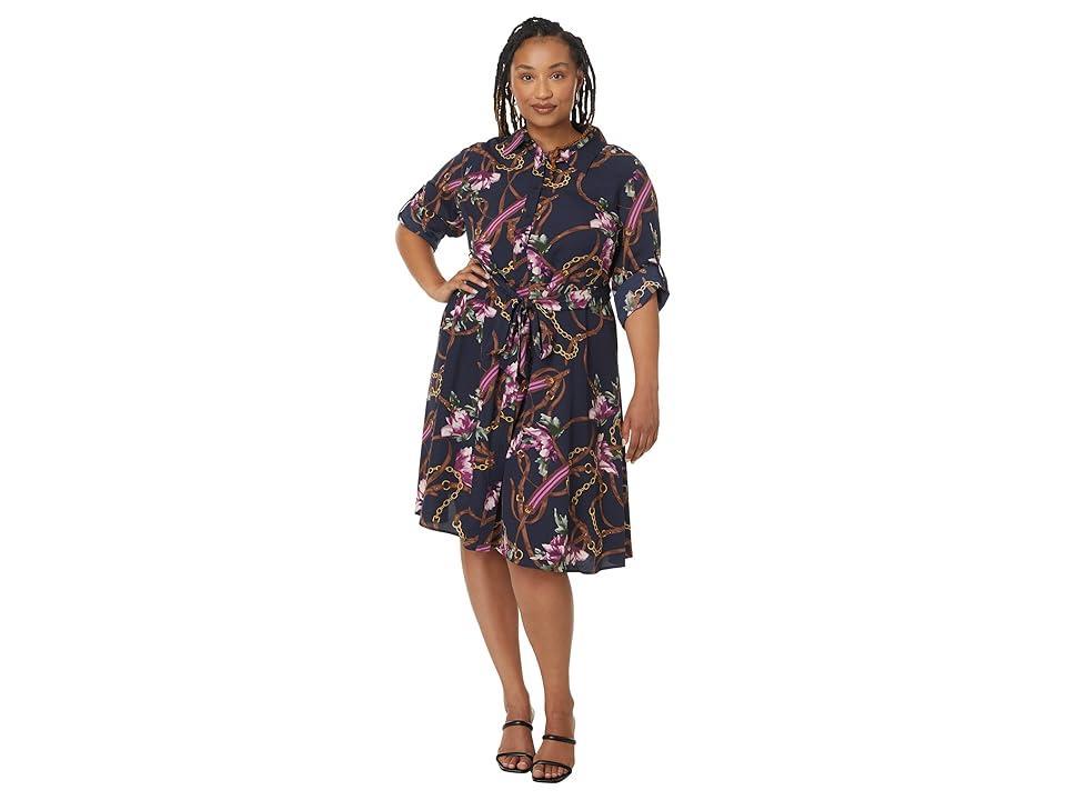 Lauren Ralph Lauren Plus Size Print Crepe Shirtdress (Navy Multi 1) Women's Clothing Product Image