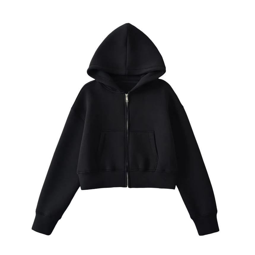 Drop Shoulder Plain Zip Up Cropped Hoodie Product Image