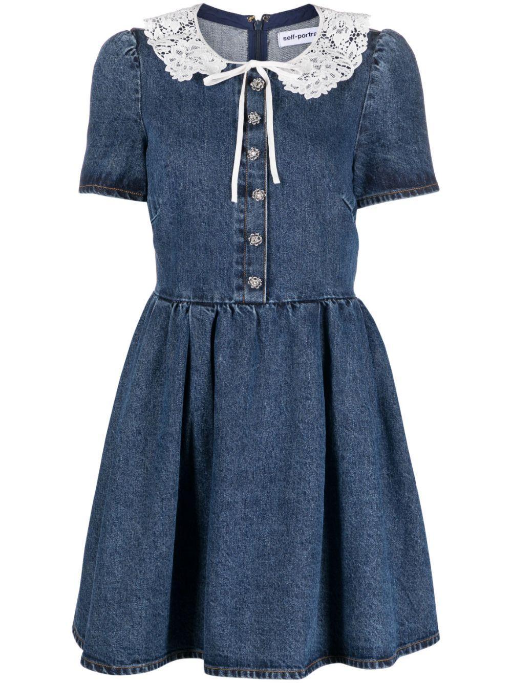 Lace Collar Denim Mini Dress In Blue Product Image