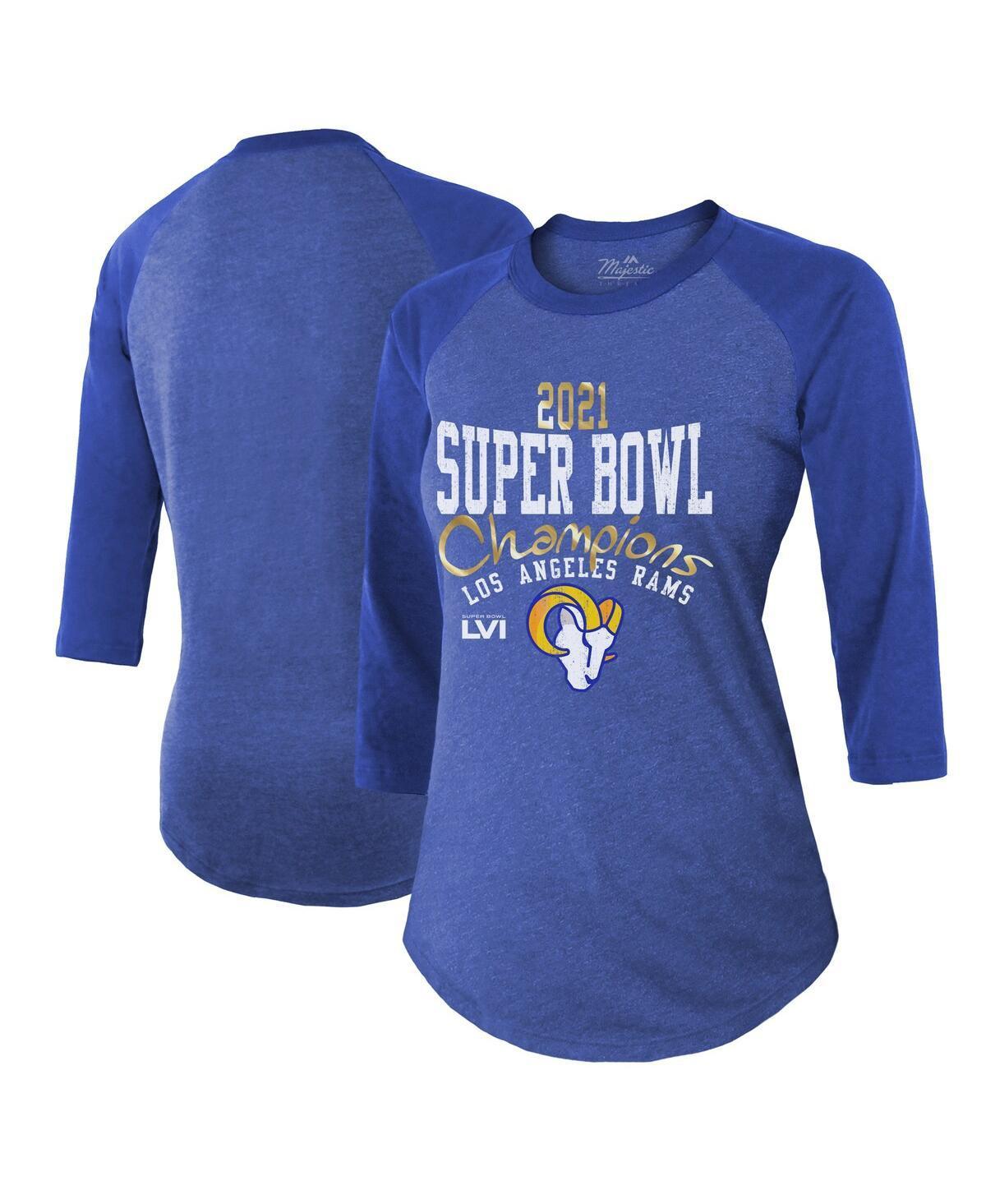 Womens Majestic Threads Heather Royal Los Angeles Rams Super Bowl Lvi Champions Roaring Success Tri-Blend 3/4 Sleeve Raglan T-shirt Product Image