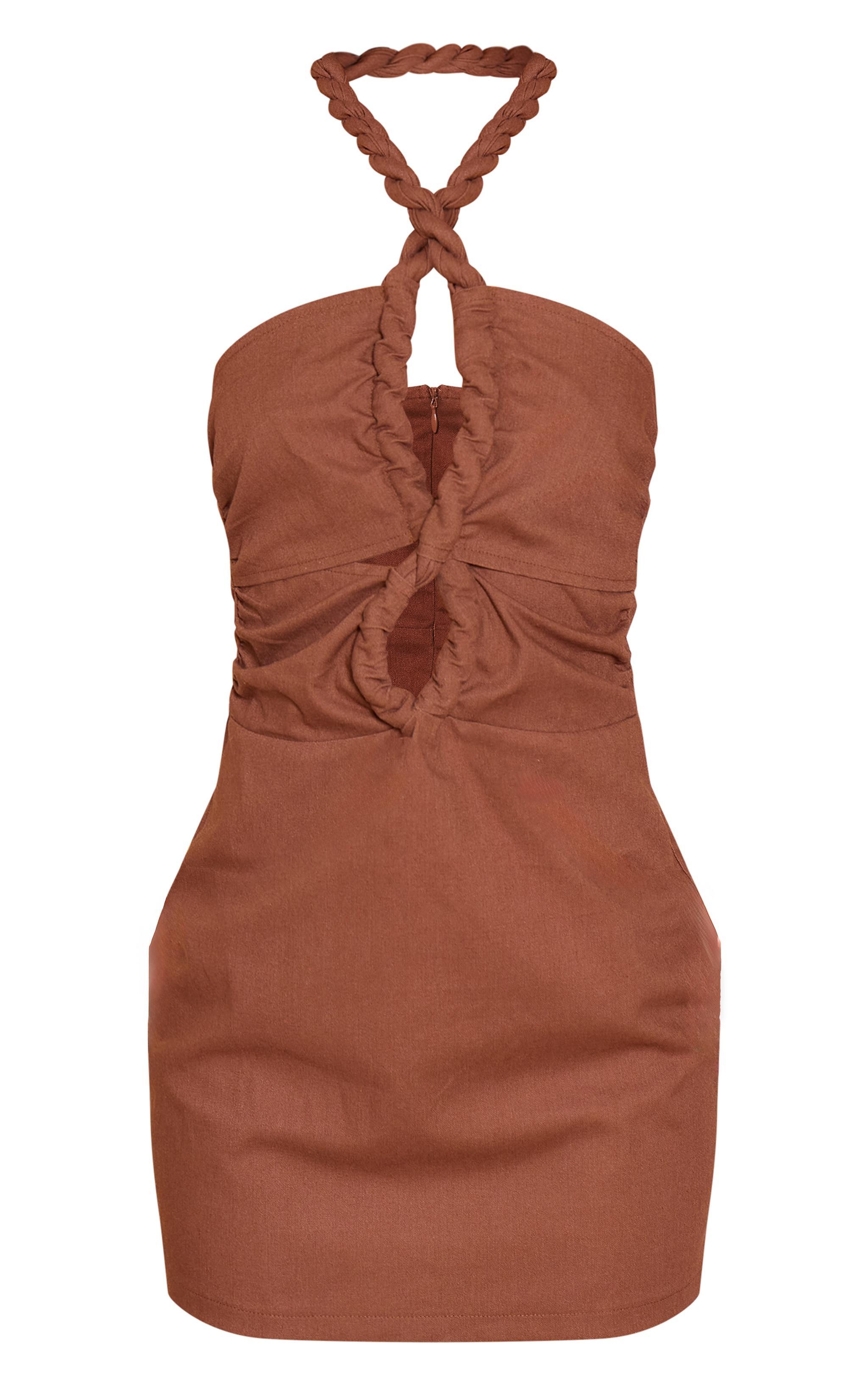 Chocolate Linen Look Plait Detail Bodycon Dress Product Image