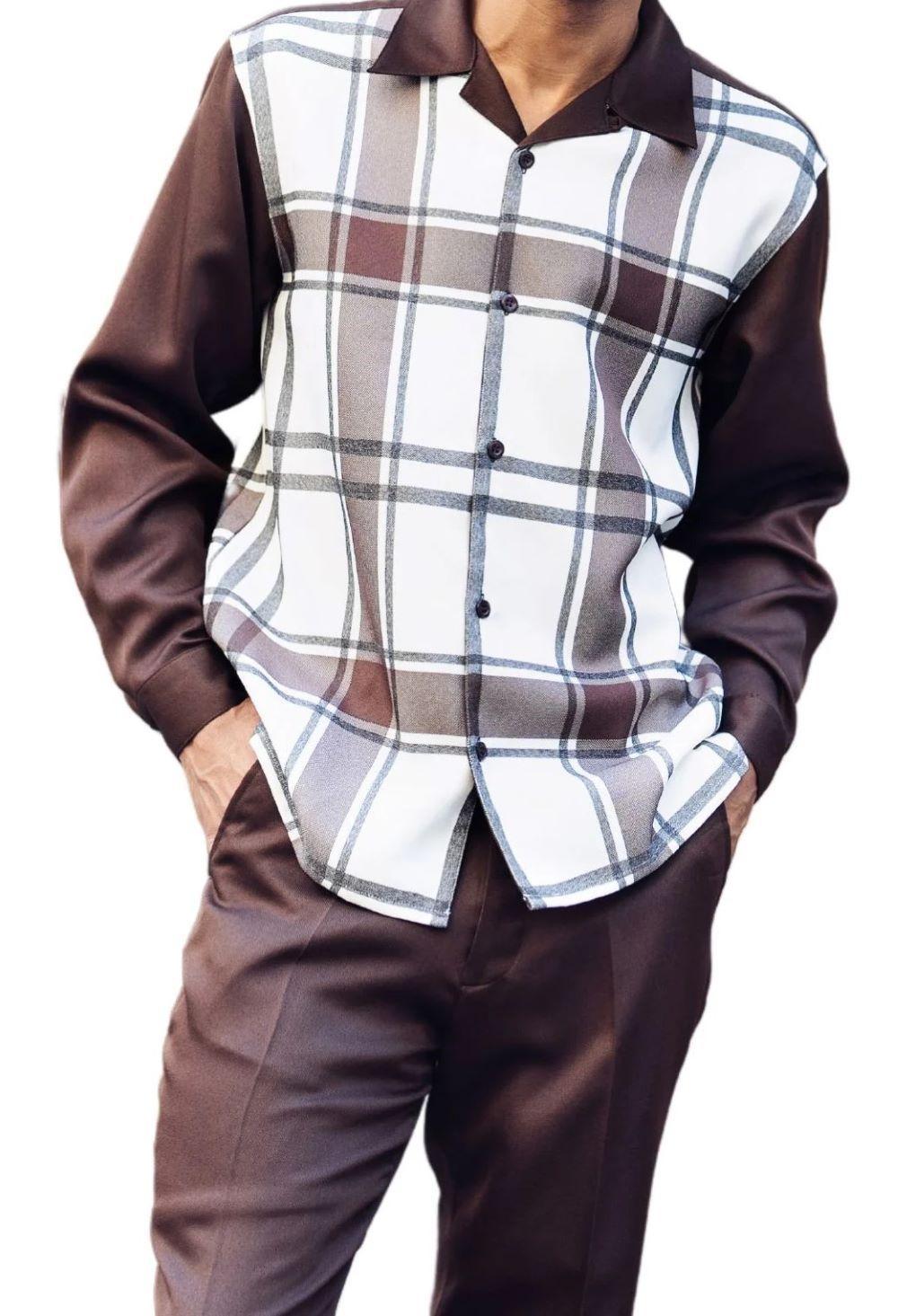 Men's Brown Plaid Pattern Long Sleeve Walking Suit Product Image