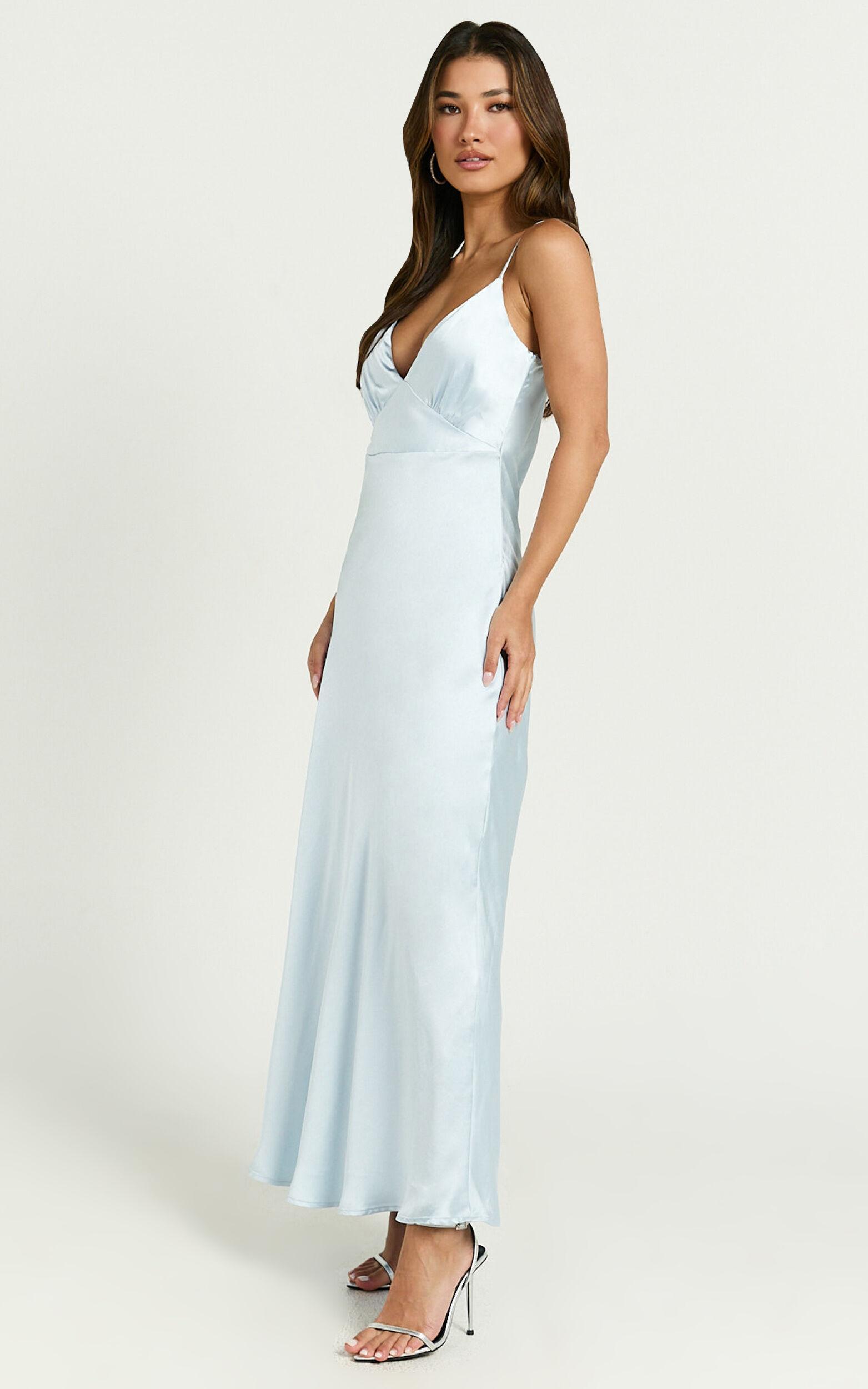 Lorenzia Maxi Dress - Plunge Corset Underbust Detail Satin Dress in Light Blue Product Image