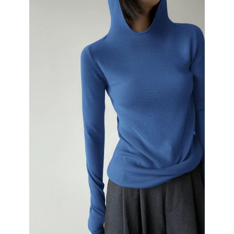 Long-Sleeve Plain Asymmetrical Hooded Knit Top Product Image