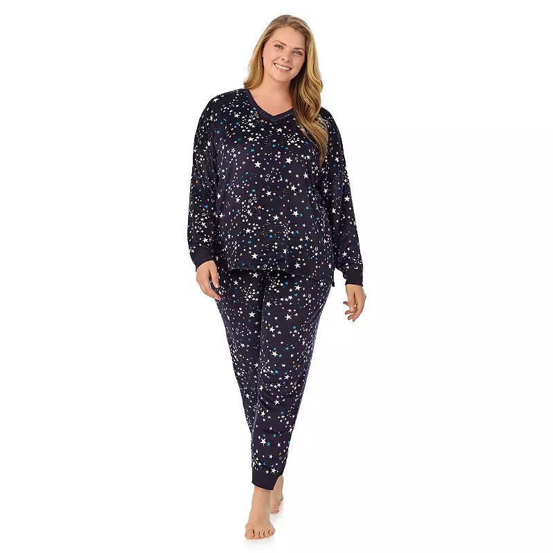 Plus Size Cuddl Duds Velour Fleece V-Neck Pajama Top & Pajama Bottoms Set, Womens Blue Stars Product Image