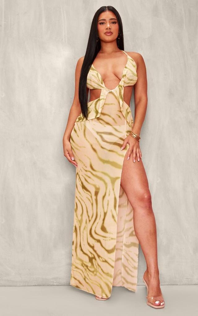 Shape Green Zebra Printed Mesh Knot Cut Out Maxi Dress Product Image