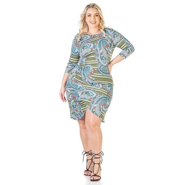 Plus Size 24Seven Comfort Apparel Elbow Sleeve Ruched Knee Length Dress, Womens Blue Green Product Image