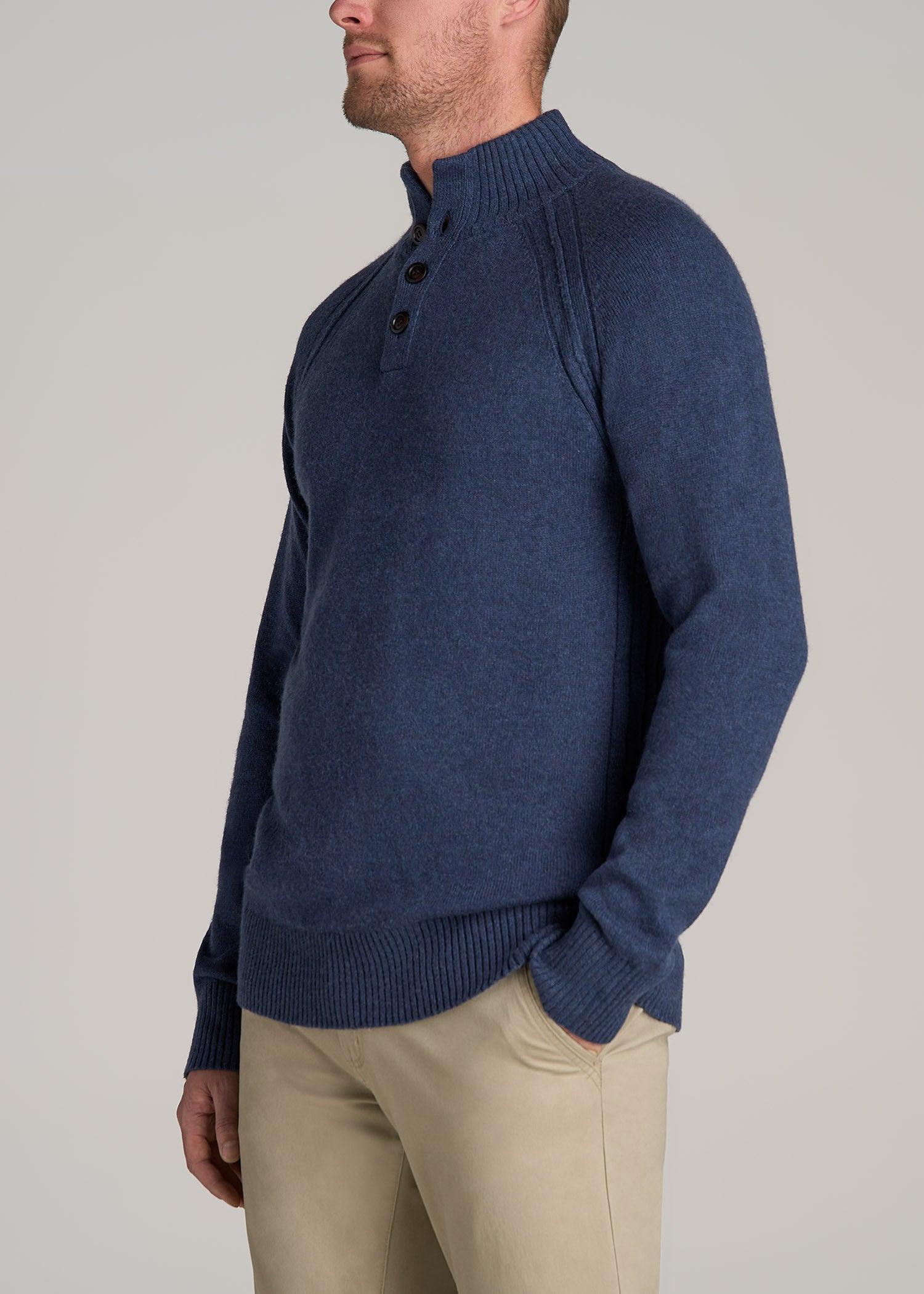 Three Button Mock Neck Tall Men's Sweater in Deep Cobalt Mix Male Product Image