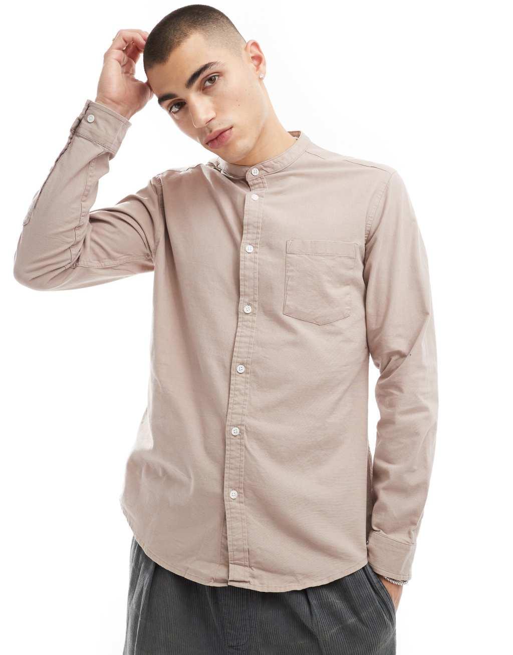 ASOS DESIGN slim oxford shirt with stand collar in stone Product Image