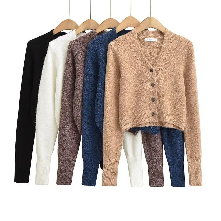 V-Neck Plain Button Cropped Cardigan Product Image