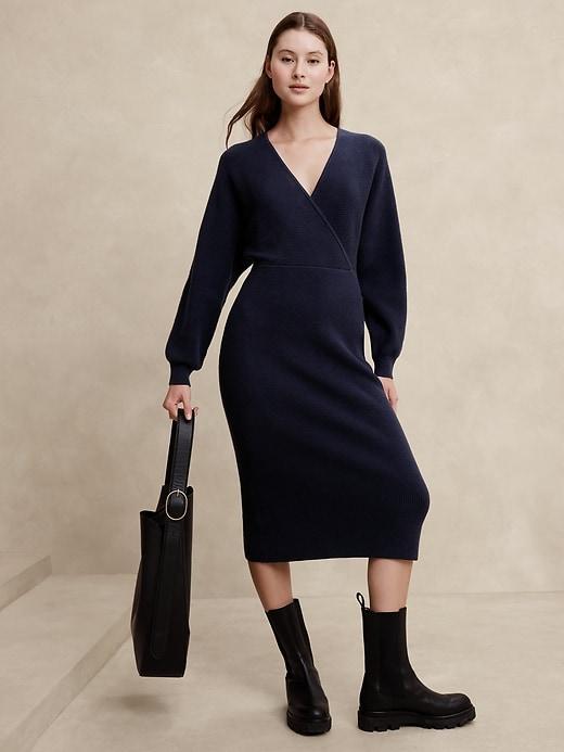 Overlap-Neck Midi Sweater Dress Product Image