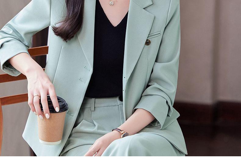 Lapel Collar Plain Single Breasted Blazer / Mid Rise Plain Wide Leg Suit Pants / Set Product Image